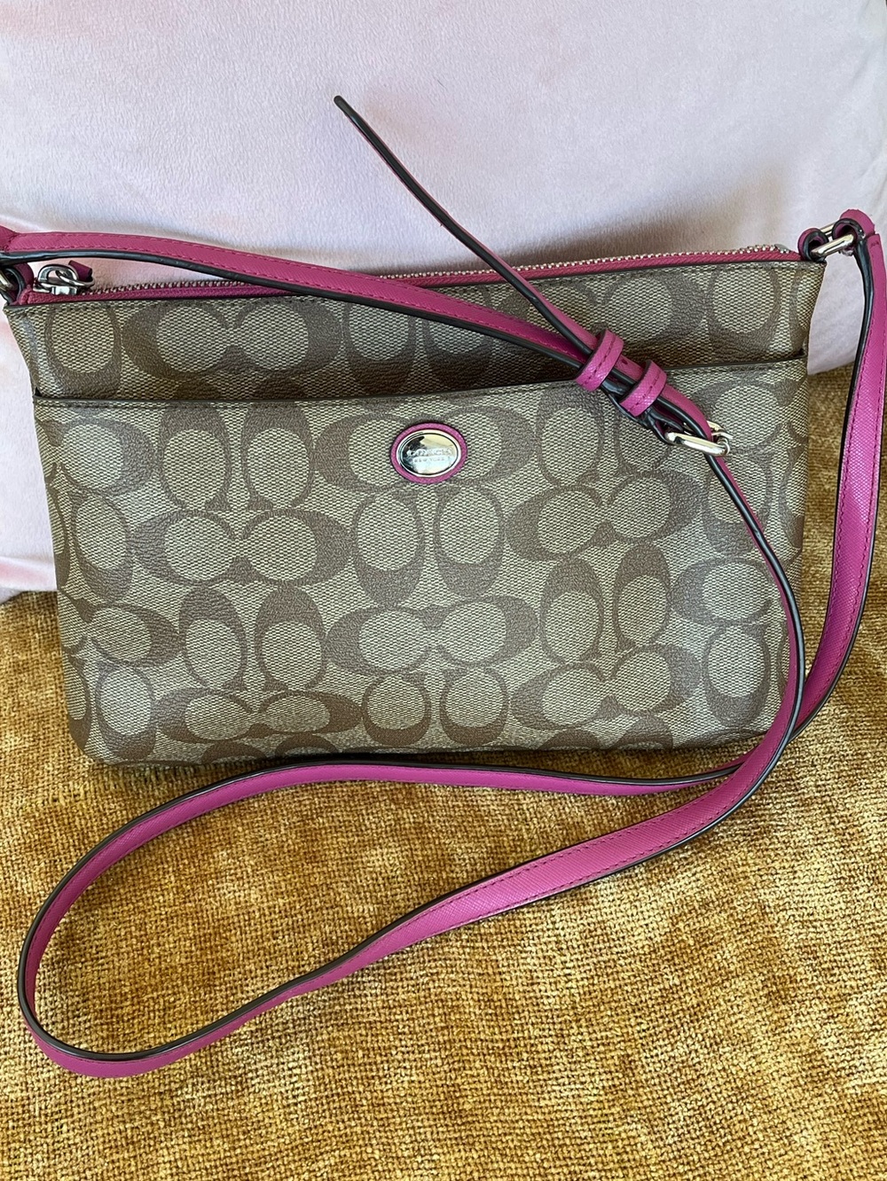 Coach Khaki Signature Crossbody with Pink Leather Trim, EUC